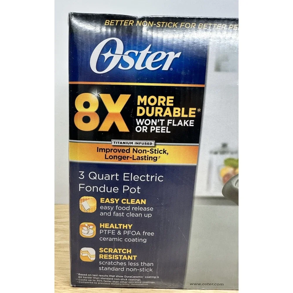 Oster DuraCeramic Electric Fondue Pot Set 3 Quart 8 Forks Titanium Infused